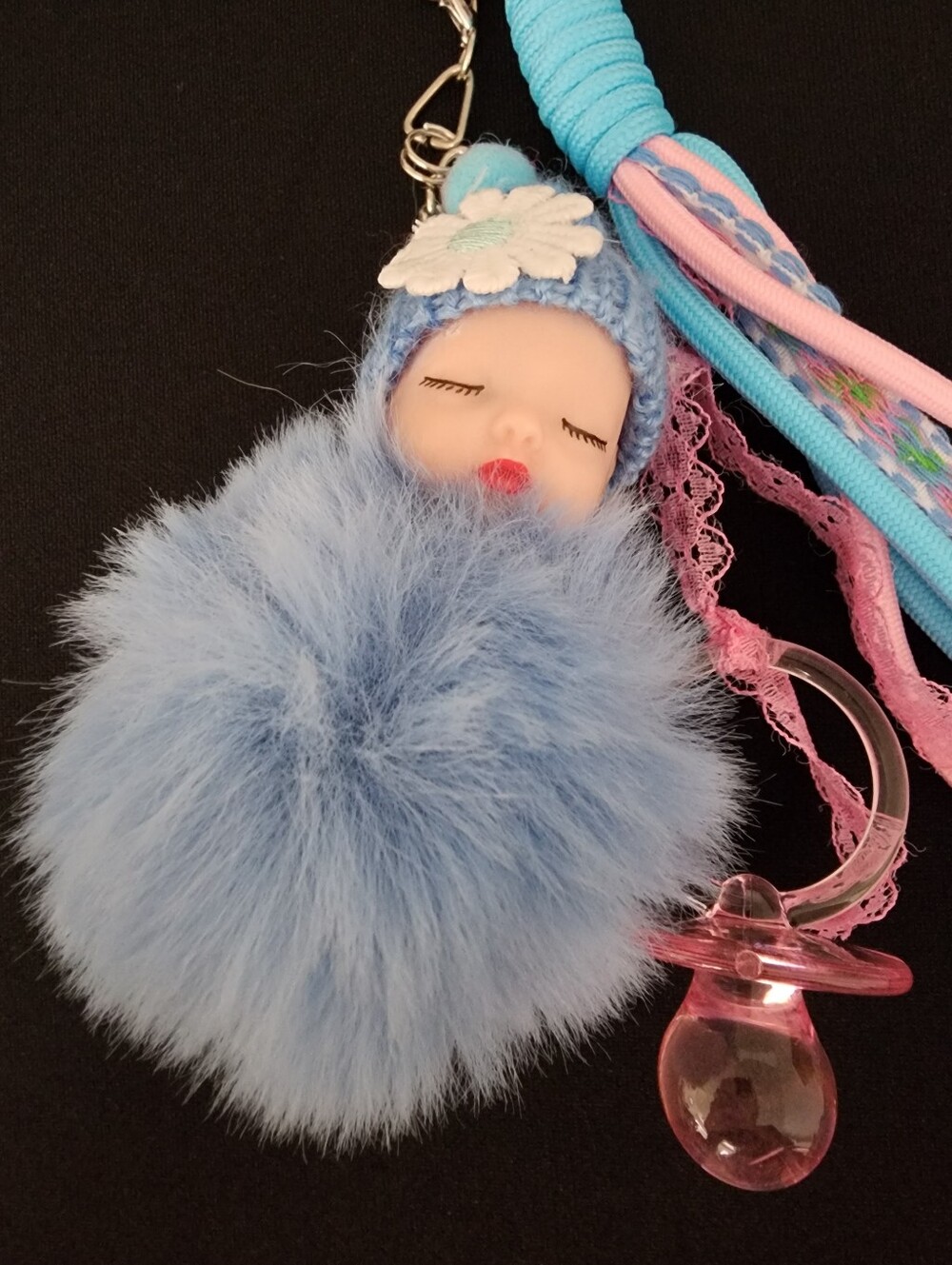 Cute Hand Made Blue Pom-Puff Baby Doll Keychain for Kids Accessories
